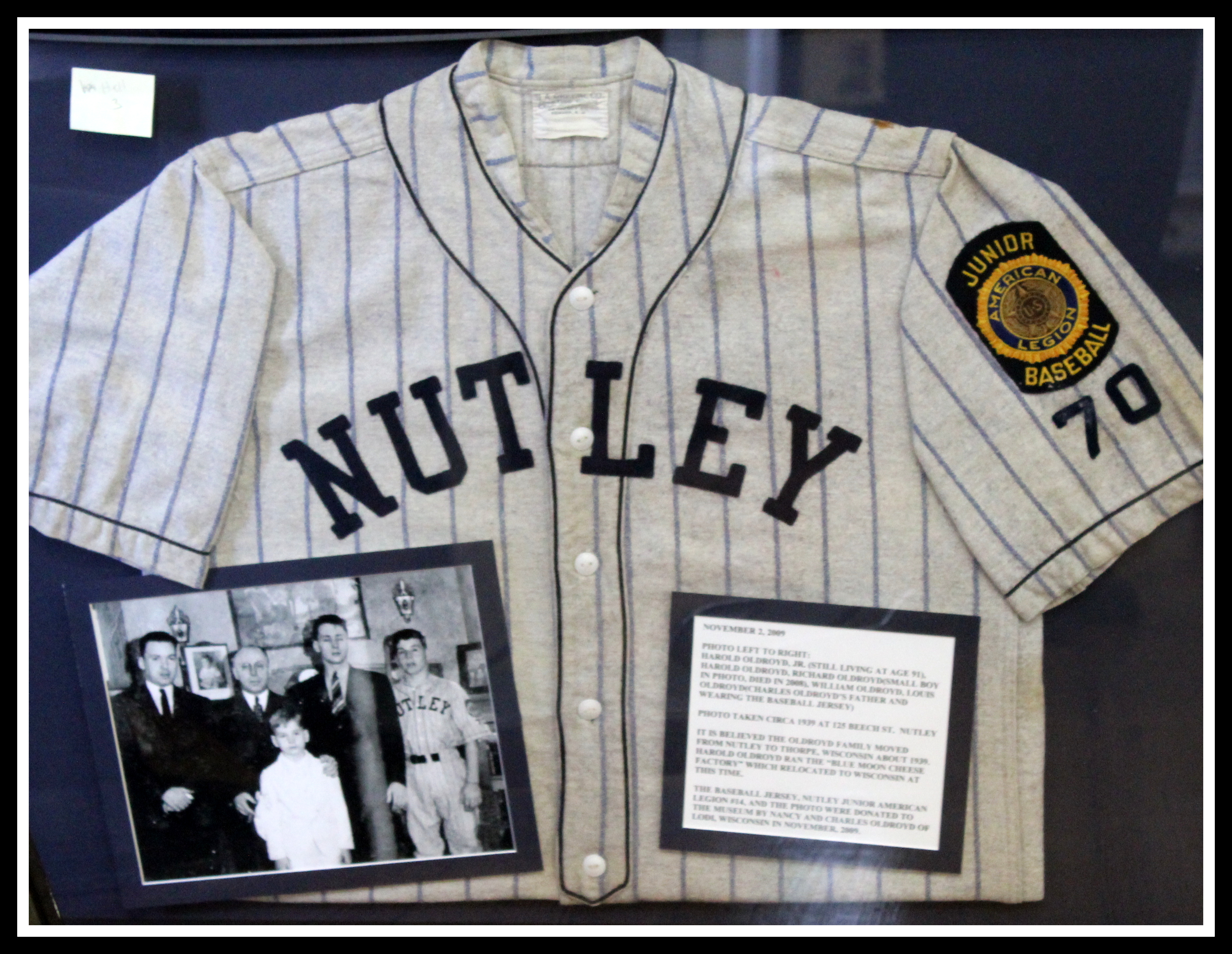 Nutley NJ Museum Exhibit: American Legion Post 70 baseball team shirt