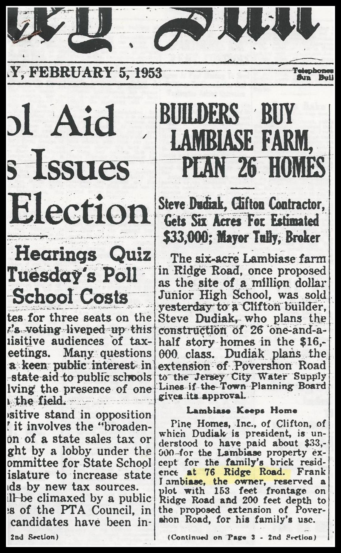 Newspaper clipping - Builders Buy Lambiase Farm, Plan 25 Homes