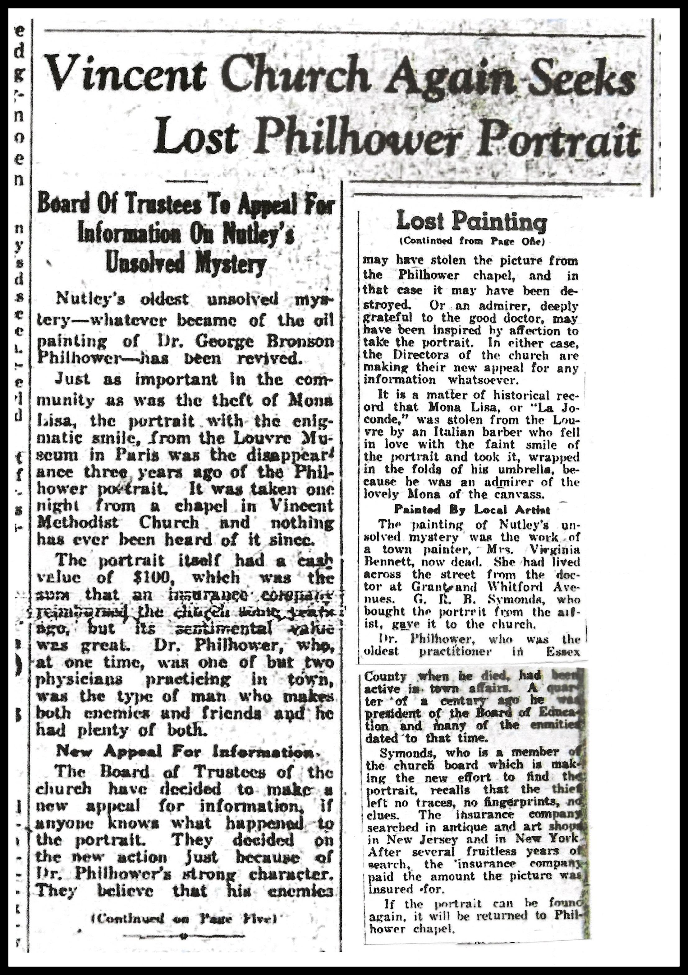 Newspaper clipping - Vincent Church Again Seeks Lost Philhower Portrait